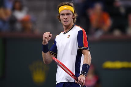 Oct 9, 2021; Indian Wells, CA, USA; Andrey Rublev (RUS) reacts after a point against Carlos Taberner (ESP) at Indian Wells Tennis Garden. Mandatory Credit: Orlando Ramirez-USA TODAY Sports
