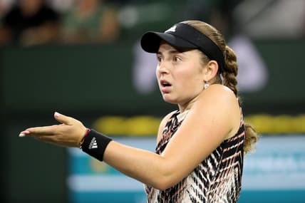 Jelena Ostapenko reacts during her semifinal loss to Victoria Azarenka at the BNP Paribas in Indian Wells, Calif., on October 15, 2021.

Azarenka Vs Ostapenko Bnp Paribas2166