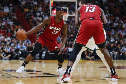 Oct 21, 2021; Miami, Florida, USA; Miami Heat forward Jimmy Butler (22) gets a screen from center Bam Adebayo (13) during the third quarter of the game against the Milwaukee Bucks at FTX Arena. Mandatory Credit: Sam Navarro-USA TODAY Sports