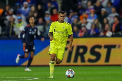 Oct 27, 2021; Cincinnati, OH, USA; Nashville SC midfielder Randall Leal (8) dribbles against FC Cincinnati in the second half at TQL Stadium. Mandatory Credit: Katie Stratman-USA TODAY Sports