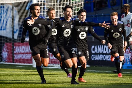 Nov 21, 2021; Montreal, Quebec, Canada; CF Montreal midfielder Mathieu Choiniere (29) runs towards the crowd after a goal during the second half at Stade Saputo. Mandatory Credit: David Kirouac-USA TODAY Sports