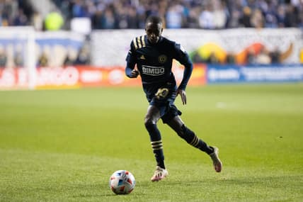 Nov 28, 2021; Philadelphia, Pennsylvania, USA; Philadelphia Union midfielder Jamiro Monteiro (10) plays against Nashville SC in the conference semifinals of the 2021 MLS playoffs at Subaru Park. Mandatory Credit: Bill Streicher-USA TODAY Sports