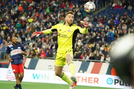 Nov 30, 2021; Foxborough, Massachusetts, USA; New England Revolution goalkeeper Matt Turner (30) defends the goal against New York City during the second half in the conference semifinals of the 2021 MLS playoffs at Gillette Stadium. Mandatory Credit: David Butler II-USA TODAY Sports