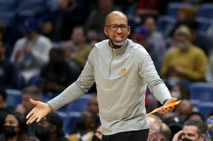 Jan 4, 2022; New Orleans, Louisiana, USA; Phoenix Suns head coach Monty Williams in the first quarter against the New Orleans Pelicans at the Smoothie King Center. Mandatory Credit: Chuck Cook-USA TODAY Sports