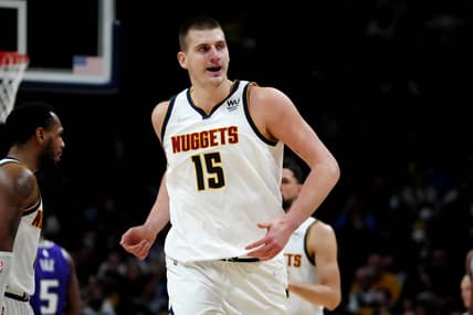 Jan 7, 2022; Denver, Colorado, USA; Denver Nuggets center Nikola Jokic (15) reacts after his score in the second half against the Sacramento Kings at Ball Arena. Mandatory Credit: Ron Chenoy-USA TODAY Sports