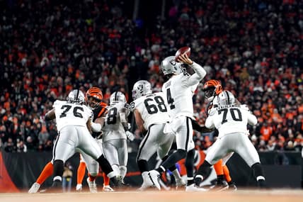 Las Vegas Raiders quarterback Derek Carr (4) throws from the pocket in the third quarter during an NFL AFC wild-card playoff game against the Cincinnati Bengals, Saturday, Jan. 15, 2022, at Paul Brown Stadium in Cincinnati. The Cincinnati Bengals defeated the Las Vegas Raiders, 26-19 to win the franchise's first playoff game in 30 years.

Las Vegas Raiders At Cincinnati Bengals Jan 15 Afc Wild Card Game