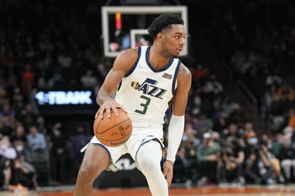 Jan 24, 2022; Phoenix, Arizona, USA; Utah Jazz guard Trent Forrest (3) dribbles against the Phoenix Suns during the first half at Footprint Center. Mandatory Credit: Joe Camporeale-USA TODAY Sports