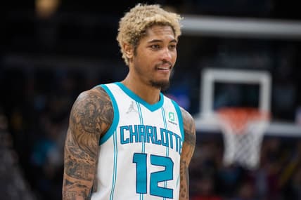 Jan 26, 2022; Indianapolis, Indiana, USA; Charlotte Hornets guard Kelly Oubre Jr. (12) in the second half against the Indiana Pacers at Gainbridge Fieldhouse. Mandatory Credit: Trevor Ruszkowski-USA TODAY Sports