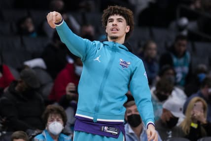 Jan 30, 2022; Charlotte, North Carolina, USA; Charlotte Hornets guard LaMelo Ball (2) during the first quarter against the LA Clippers at the Spectrum Center. Mandatory Credit: Jim Dedmon-USA TODAY Sports