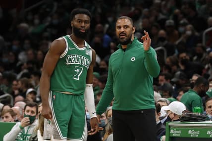 Jan 31, 2022; Boston, Massachusetts, USA; Boston Celtics head coach Ime Udoka talks with guard Jaylen Brown (7) during the second half against the Miami Heat at TD Garden. Mandatory Credit: Winslow Townson-USA TODAY Sports