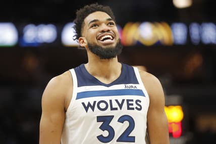 Feb 1, 2022; Minneapolis, Minnesota, USA; Minnesota Timberwolves center Karl-Anthony Towns (32) reacts after being called for a foul against the Denver Nuggets in the second quarter at Target Center. Mandatory Credit: Bruce Kluckhohn-USA TODAY Sports
