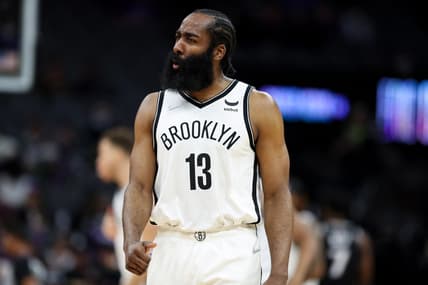 Feb 2, 2022; Sacramento, California, USA; Brooklyn Nets guard James Harden (13) reacts during the third quarter against the Sacramento Kings at Golden 1 Center. Mandatory Credit: Sergio Estrada-USA TODAY Sports