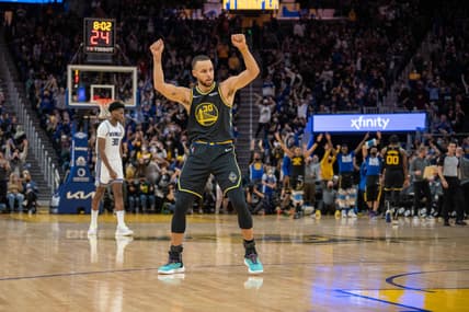 Feb 3, 2022; San Francisco, California, USA; Golden State Warriors guard Stephen Curry (30) celebrates after the three point basket during the fourth quarter against the Sacramento Kings at Chase Center. Mandatory Credit: Neville E. Guard-USA TODAY Sports