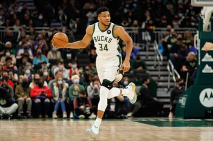 Jan 30, 2022; Milwaukee, Wisconsin, USA;  Milwaukee Bucks forward Giannis Antetokounmpo (34) during the game against the Denver Nuggets at Fiserv Forum. Mandatory Credit: Jeff Hanisch-USA TODAY Sports