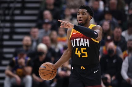Feb 4, 2022; Salt Lake City, Utah, USA; Utah Jazz guard Donovan Mitchell (45) calls out a play in the second half against the Brooklyn Nets at Vivint Arena. Mandatory Credit: Rob Gray-USA TODAY Sports