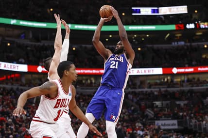 Feb 6, 2022; Chicago, Illinois, USA; Philadelphia 76ers center Joel Embiid (21) shoots against the Chicago Bulls during the second half at United Center. Mandatory Credit: Kamil Krzaczynski-USA TODAY Sports