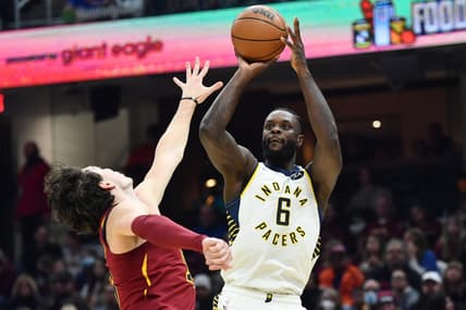 Feb 6, 2022; Cleveland, Ohio, USA; Indiana Pacers guard Lance Stephenson (6) shoots over the defense of Cleveland Cavaliers forward Cedi Osman (16) during the first half at Rocket Mortgage FieldHouse. Mandatory Credit: Ken Blaze-USA TODAY Sports