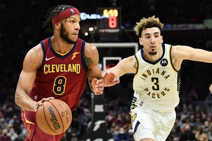 Feb 6, 2022; Cleveland, Ohio, USA; Cleveland Cavaliers forward Lamar Stevens (8) drives to the basket against Indiana Pacers guard Chris Duarte (3) during the second half at Rocket Mortgage FieldHouse. Mandatory Credit: Ken Blaze-USA TODAY Sports