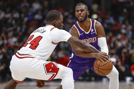 Feb 7, 2022; Chicago, Illinois, USA; Phoenix Suns guard Chris Paul (3) is fouled by Chicago Bulls forward Javonte Green (24) during the first half at United Center. Mandatory Credit: Kamil Krzaczynski-USA TODAY Sports