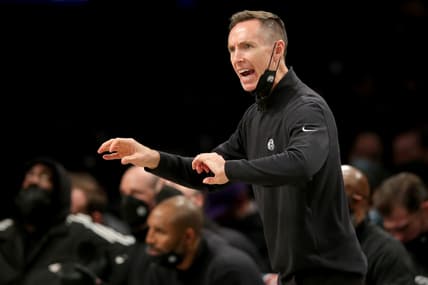 Feb 8, 2022; Brooklyn, New York, USA; Brooklyn Nets head coach Steve Nash coaches against the Boston Celtics during the fourth quarter at Barclays Center. Mandatory Credit: Brad Penner-USA TODAY Sports