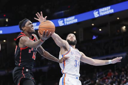 Feb 9, 2022; Oklahoma City, Oklahoma, USA;  Toronto Raptors forward Pascal Siakam (43) goes to the basket as Oklahoma City Thunder forward Kenrich Williams (34) defends during the second quarter at Paycom Center. Mandatory Credit: Alonzo Adams-USA TODAY Sports