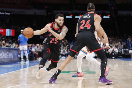 Feb 9, 2022; Oklahoma City, Oklahoma, USA;  Toronto Raptors guard Fred VanVleet (23) moves to the basket against the Oklahoma City Thunder during the second quarter at Paycom Center. Mandatory Credit: Alonzo Adams-USA TODAY Sports