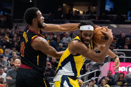 Feb 11, 2022; Indianapolis, Indiana, USA; Indiana Pacers forward Isaiah Jackson (right) steals the ball from Cleveland Cavaliers center Evan Mobley (4) in the first half at Gainbridge Fieldhouse. Mandatory Credit: Trevor Ruszkowski-USA TODAY Sports