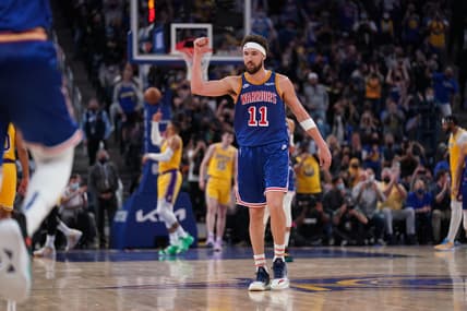 Feb 12, 2022; San Francisco, California, USA; Golden State Warriors guard Klay Thompson (11) pumps his fist after the Warriors made a layup against the Los Angeles Lakers late in the fourth quarter at the Chase Center. Mandatory Credit: Cary Edmondson-USA TODAY Sports