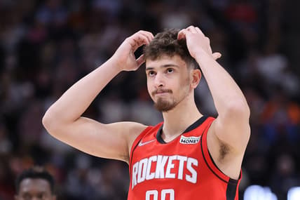 Feb 14, 2022; Salt Lake City, Utah, USA; Houston Rockets center Alperen Sengun (28) reacts to missing a free throw in the second quarter against the Utah Jazz at Vivint Arena. Mandatory Credit: Rob Gray-USA TODAY Sports