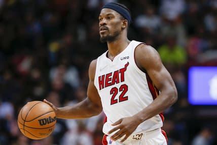 Feb 15, 2022; Miami, Florida, USA; Miami Heat forward Jimmy Butler (22) dribbles against the Dallas Mavericks during the third quarter at FTX Arena. Mandatory Credit: Sam Navarro-USA TODAY Sports