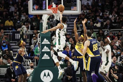 Feb 15, 2022; Milwaukee, Wisconsin, USA;  Milwaukee Bucks forward Giannis Antetokounmpo (34) drives for a layup during the fourth quarter against the Indiana Pacers at Fiserv Forum. Mandatory Credit: Jeff Hanisch-USA TODAY Sports