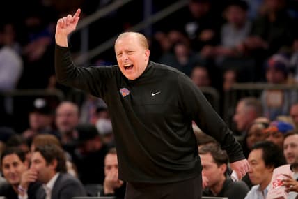 Feb 16, 2022; New York, New York, USA; New York Knicks head coach Tom Thibodeau coaches against the Brooklyn Nets during the first quarter at Madison Square Garden. Mandatory Credit: Brad Penner-USA TODAY Sports