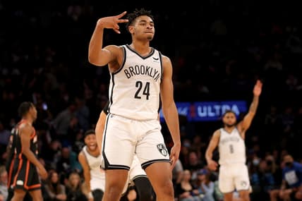 Feb 16, 2022; New York, New York, USA; Brooklyn Nets guard Cam Thomas (24) celebrates a three point shot against the New York Knicks during the fourth quarter at Madison Square Garden. Mandatory Credit: Brad Penner-USA TODAY Sports