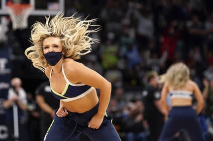 Feb 16, 2022; Minneapolis, Minnesota, USA; A member of the Minnesota Timberwolves Dance Team performs during the fourth quarter of a game against the Toronto Raptors at Target Center. Mandatory Credit: Nick Wosika-USA TODAY Sports