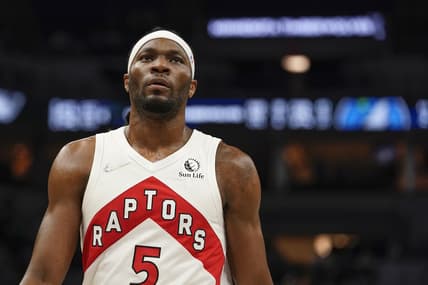 Feb 16, 2022; Minneapolis, Minnesota, USA; Toronto Raptors center Precious Achiuwa (5) looks on during the fourth quarter against the Minnesota Timberwolves at Target Center. Mandatory Credit: Nick Wosika-USA TODAY Sports