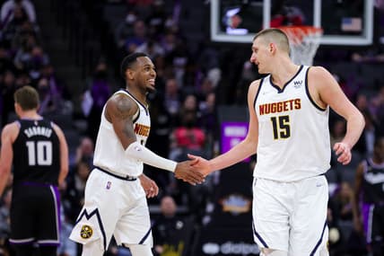 Feb 24, 2022; Sacramento, California, USA; Denver Nuggets forward Will Barton (5) and center Nikola Jokic (15) shake hands during the third quarter against the Sacramento Kings at Golden 1 Center. Mandatory Credit: Sergio Estrada-USA TODAY Sports