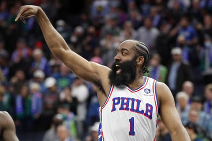 Feb 25, 2022; Minneapolis, Minnesota, USA; Philadelphia 76ers guard James Harden (1) celebrates a play by his team against the Minnesota Timberwolves at Target Center. Mandatory Credit: Bruce Kluckhohn-USA TODAY Sports