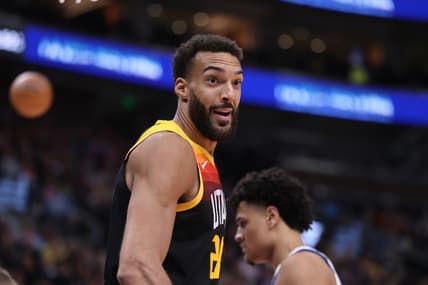 Feb 25, 2022; Salt Lake City, Utah, USA; Utah Jazz center Rudy Gobert (27) reacts to a call on the court in the fourth quarter against the Dallas Mavericks at Vivint Arena. Mandatory Credit: Rob Gray-USA TODAY Sports