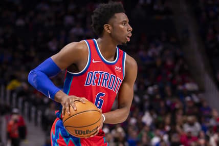 Feb 26, 2022; Detroit, Michigan, USA; Detroit Pistons guard Hamidou Diallo (6) holds the ball during the second quarter against the Boston Celtics at Little Caesars Arena. Mandatory Credit: Raj Mehta-USA TODAY Sports