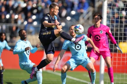 Feb 26, 2022; Philadelphia, Pennsylvania, USA; Philadelphia Union midfielder Deniel Gazdag (6) controls the ball in the first half against the Minnesota United at Talen Energy Stadium. Mandatory Credit: Mitchell Leff-USA TODAY Sports