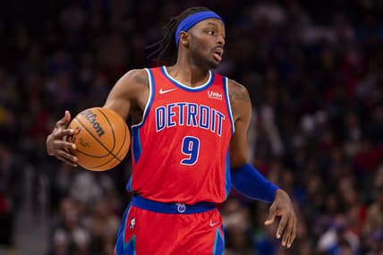 Feb 26, 2022; Detroit, Michigan, USA; Detroit Pistons forward Jerami Grant (9) dribbles the ball during the second quarter against the Boston Celtics at Little Caesars Arena. Mandatory Credit: Raj Mehta-USA TODAY Sports