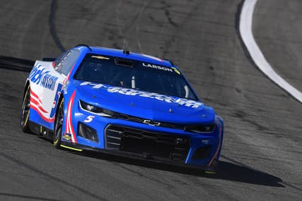 Feb 27, 2022; Fontana, California, USA; NASCAR Cup Series driver Kyle Larson (5) during the WISE Power 400 at Auto Club Speedway. Mandatory Credit: Gary A. Vasquez-USA TODAY Sports