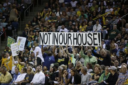 Sep 9, 2018; Seattle, WA, USA; Seattle Storm fans hold up a sign during the second quarter of game two of the WNBA Finals against the Washington Mystics at KeyArena. Mandatory Credit: Jennifer Buchanan-USA TODAY Sports