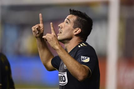 Jun 8, 2019; Philadelphia, PA, USA; Philadelphia Union midfielder Ilsinho (25) celebrates after scoring his second goal during the second half against the New York Red Bulls at Talen Energy Stadium. Mandatory Credit: Derik Hamilton-USA TODAY Sports