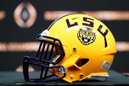 Jan 12, 2020; New Orleans, Louisiana, USA; An LSU Tigers helmet on display before the head coaches press conference for the CFP with LSU Tigers head coach Ed Orgeron and Clemson Tigers head coach Dabo Swinney at the Sheraton New Orleans, Grand Ballroom. Mandatory Credit: John David Mercer-USA TODAY Sports