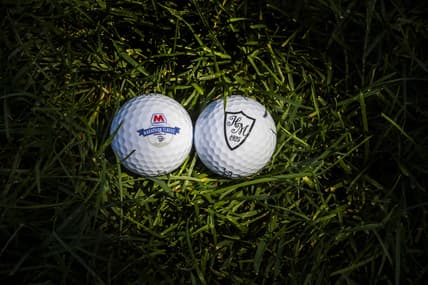 Aug 9, 2020; Sylvania, OH, USA;  Marathon Classic and Highland Meadow Logo Golf balls during the final round of the Marathon LPGA Classic golf tournament at Highlands Meadows Golf Club. Mandatory Credit: Marc Lebryk-USA TODAY Sports
