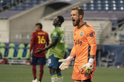 Oct 7, 2020; Seattle, Washington, USA; Seattle Sounders FC goalkeeper Stefan Frei (24) reacts to a call during the second half of a match against Real Salt Lake at CenturyLink Field. Mandatory Credit: Stephen Brashear-USA TODAY Sports