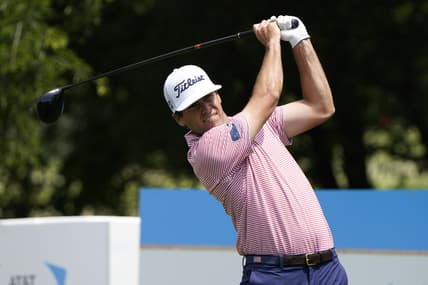 May 15, 2021; McKinney, Texas, USA; Ben Martin plays his shot from the second tee during the third round of the AT&T Byron Nelson golf tournament. Mandatory Credit: Jim Cowsert-USA TODAY Sports