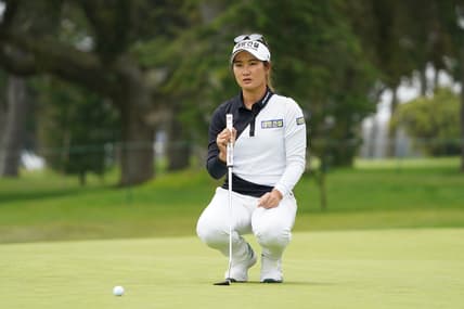 June 12, 2021; Daly City, California, USA; Su Oh lines up her putt on the fifth hole during the third round of the LPGA MEDIHEAL Championship golf tournament at Lake Merced Golf Club. Mandatory Credit: Kyle Terada-USA TODAY Sports