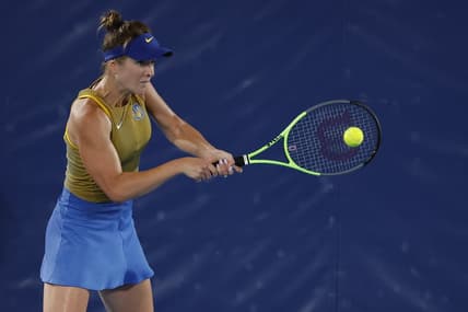 Jul 29, 2021; Tokyo, Japan; Elina Svitolina of Ukraine hits a backhand against Marketa Vondrousova of Czech Republic (not pictured) in a women's singles semifinal during the Tokyo 2020 Olympic Summer Games at Ariake Tennis Park. Mandatory Credit: Geoff Burke-USA TODAY Sports